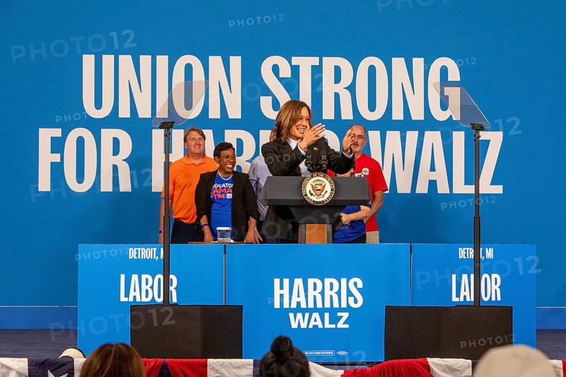 Detroit, Michigan, USA, 2 September 2024, With labor leaders on the stage, Presidential candidate Kamala Harris campaigns at a Labor Day rally, North America