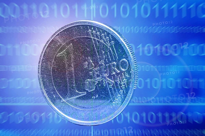Symbolic image of the digital euro: one-euro coin against a virtual background