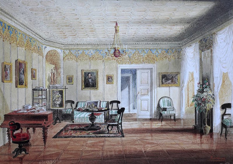 Historic, digitally restored reproduction from a 19th century original, Record date not stated, Living room of Queen Victoria, Rosenau Castle, 1845, Coburg, Upper Franconia, Bavaria, Germany, Europe