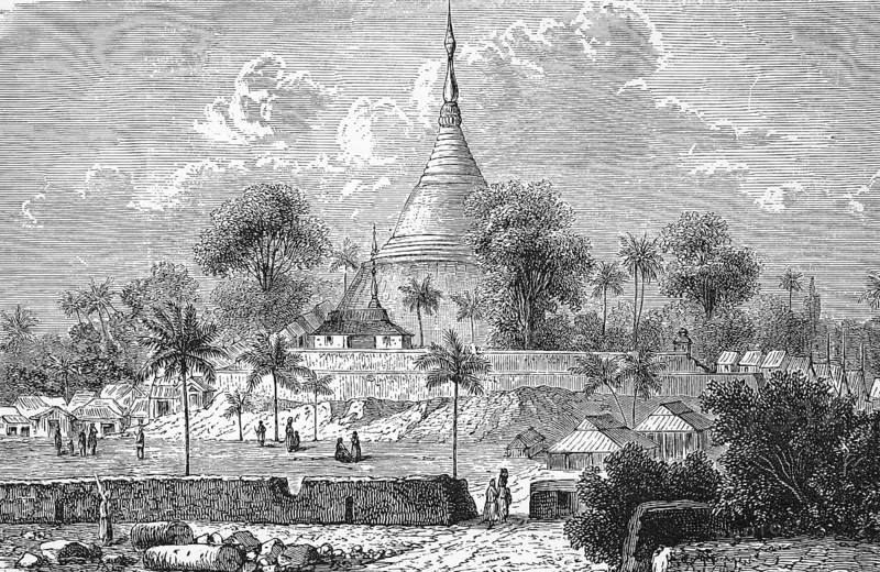 Shwedagon, also Shwedagon-Paya the most important sacred building and the religious centre of Myanmar, Burma, in Rangoon, in 1880, Historical, digital reproduction of an original from the 19th century