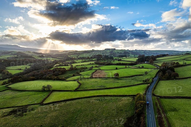 Farms over Trecastle from a drone at sunset, Brecon Beacons National Park, Powys, Wales, England, United Kingdom, Europe