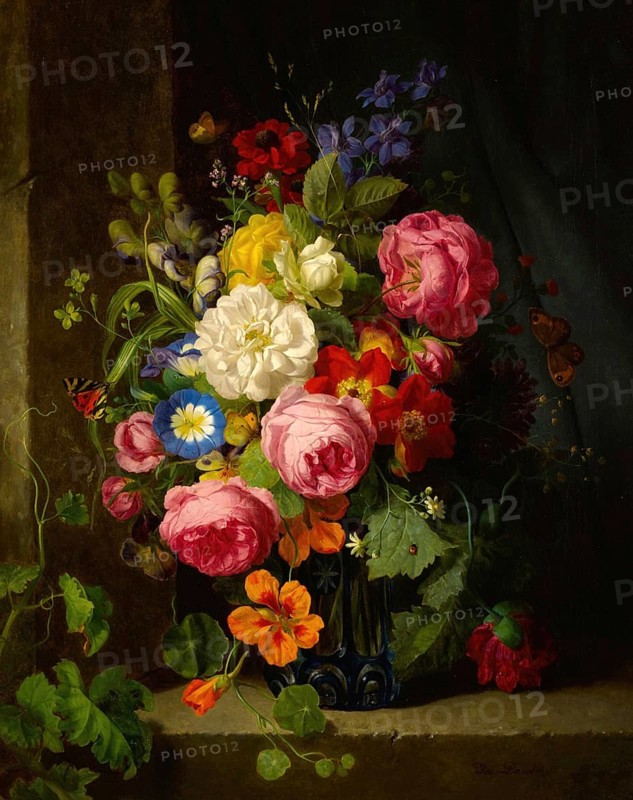 Still life with flowers in a blue crystal vase, painting by Josef Lauer (1818, 1881), Austrian still life painter who was active in the Biedermeier period, among others