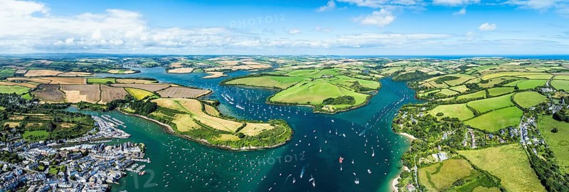 Panorama of Salcombe and Mill Bay over Kingsbridge Estuary from a drone, Batson Creek, Southpool Creek, Devon, England, United Kingdom, Europe