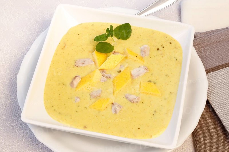 Swabian cuisine, brain soup with egg garnish, offal, calf's brain, regional, soup served in a bowl, home cooking, typical Swabian, traditional cuisine, food photography, studio, Germany, Europe