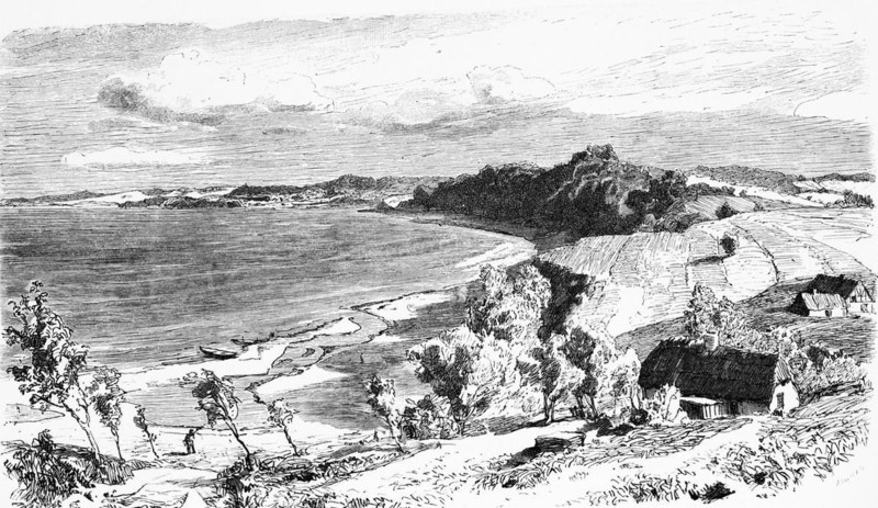 Idyllic landscape around the Bay of Gdansk, Gdansk or Gdansk, Baltic Sea, Poland, fields, coast, beach, farmhouse, historical illustration 1880, Europe