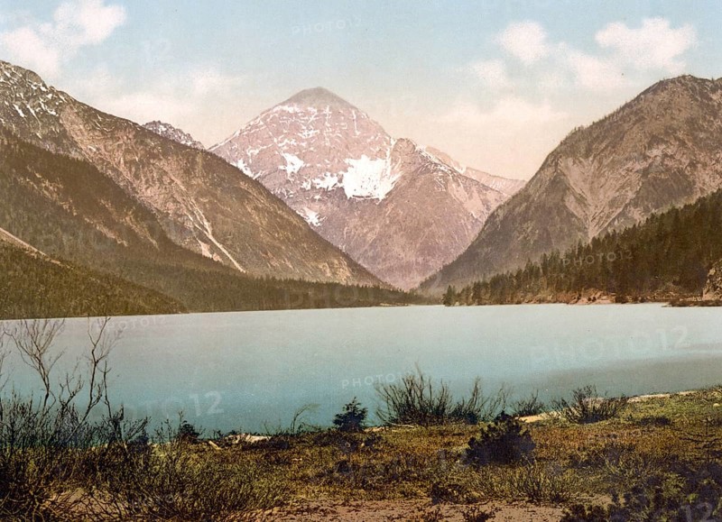 The Plansee, in the district of Reutte, formerly Tyrol, Austria-Hungary, today Austria, Historical, digitally restored reproduction from a 19th century original, Record date not stated