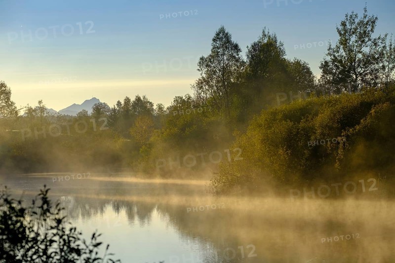Sunrise with fog, Mühlweiher at Reutberg Monastery, Sachsenkam, Tölzer Land, Alpine foothills, Upper Bavaria, Bavaria, Germany, Europe