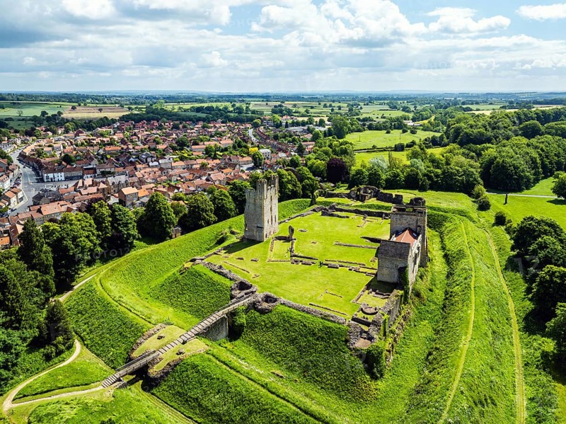 Helmsley Castle from a drone, North York Moors National Park, North Yorkshire, England, United Kingdom, Europe
