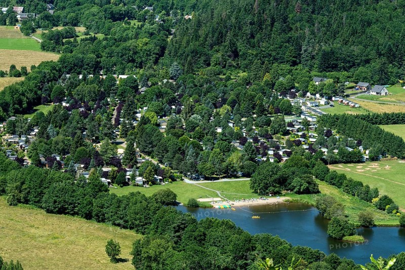 Scenic view of the Chambon Lake campsite in Auvergne Volcanoes Regional Natural Park, Puy-de-Dôme, Auvergne Rhone Alpes, France, Europe