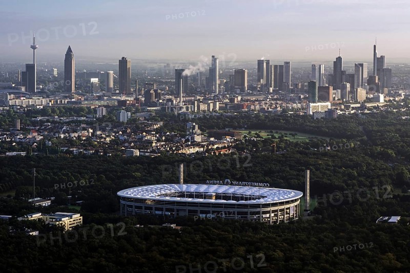 View of the Frankfurt skyline from the aeroplane, Commerzbank Arena in front, Hesse, Germany, Europe