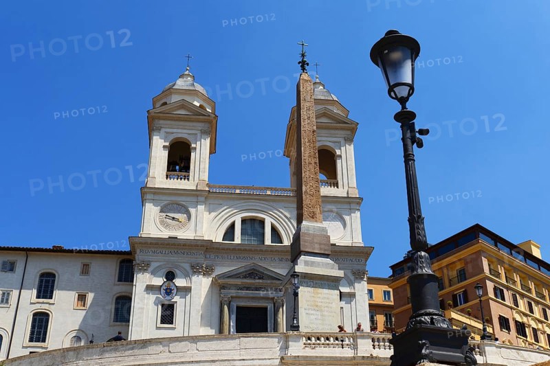 The church Santissima Trinita dei Monti, Santa Trinita dei Monti or Santissima Trinita al Monte Pincio, Most Holy Trinity on Mount Pincio, and the Obelisco Sallustiano, above the Spanish Steps in Rome, Italy, Europe