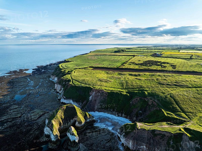Cliffs over Flamborough Seawatch Observatory from a drone, Flamborough, Yorkshire, England, United Kingdom, Europe