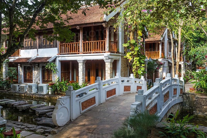 Tropical hotel with small bridge in Vietnam