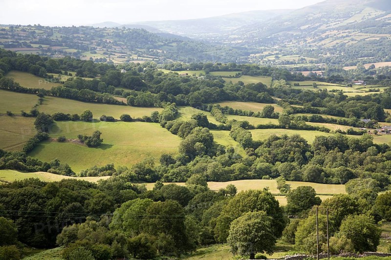 Usk valley landscape looking west from B4246 road, near Abergavenny, Monmouthshire, Wales, UK