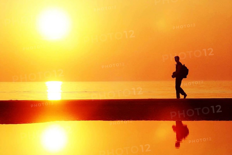 Young man, Silhouette, Hike by the sea, Sunset, Holiday, Leisure, Free, Peaceful, Sun, MR:Yes, Vienna, Austria, Europe