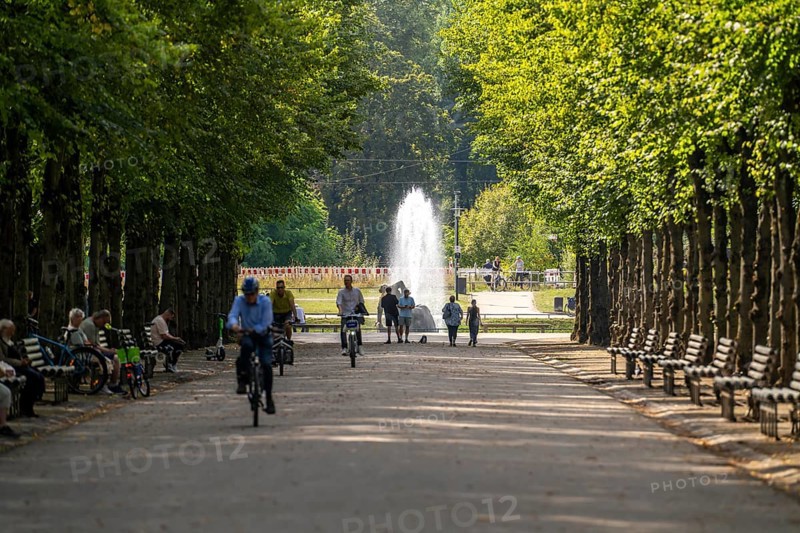 The Jägerhofallee in the Hofgarten, the central municipal park in Düsseldorf, view of the Jröner Jong fountain in the round pond, North Rhine-Westphalia, Germany, Europe