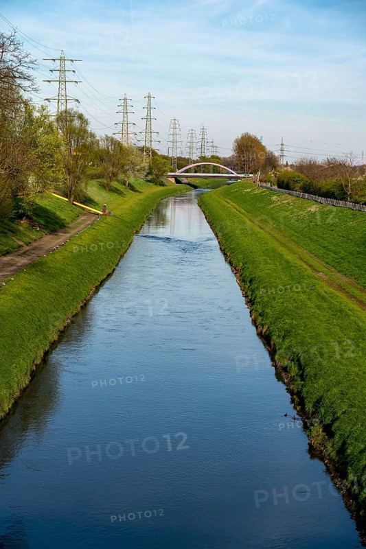The River Emscher, former sewage river, after the Emscher conversion, in Oberhausen, North Rhine-Westphalia, Germany, Europe