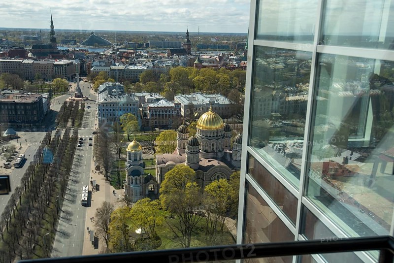 View from the glass lift of the Raddisson Blue Hotel of the Cathedral of the Nativity of Christ, the Freedom Monument, St Peter's Church, Riga Cathedral and the Latvian National Library, Riga, Latvia, Europe