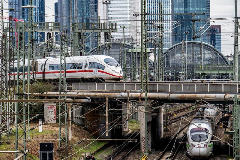 ICE train on the track in front of the main station of Frankfurt am Main, Skyline, Hesse, Germany, Europe