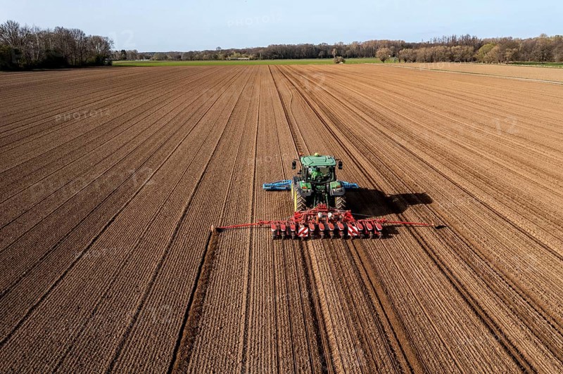 Sugar beet being sown in spring, precision sowing with precision seed drill, behind a tractor, Niederkrüchten, North Rhine-Westphalia, Germany, Europe