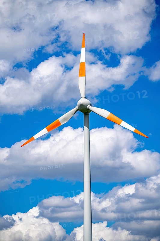 Wind turbine, wind energy plant from the manufacturer Enercon, blue sky with many white clouds, near Schermbeck, North Rhine-Westphalia, Germany, Europe