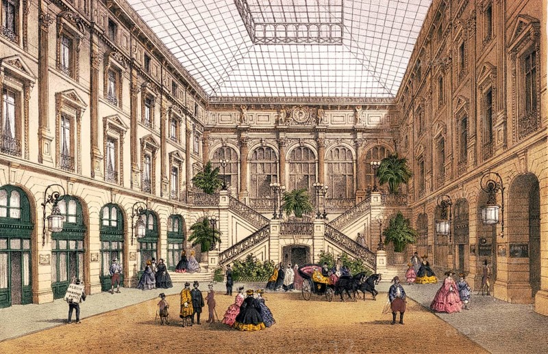 Courtyard of the Grand Hôtel du Louvre, Paris c. 1870, France, Historic, digitally restored reproduction from a 19th century original, Record date not stated, Europe