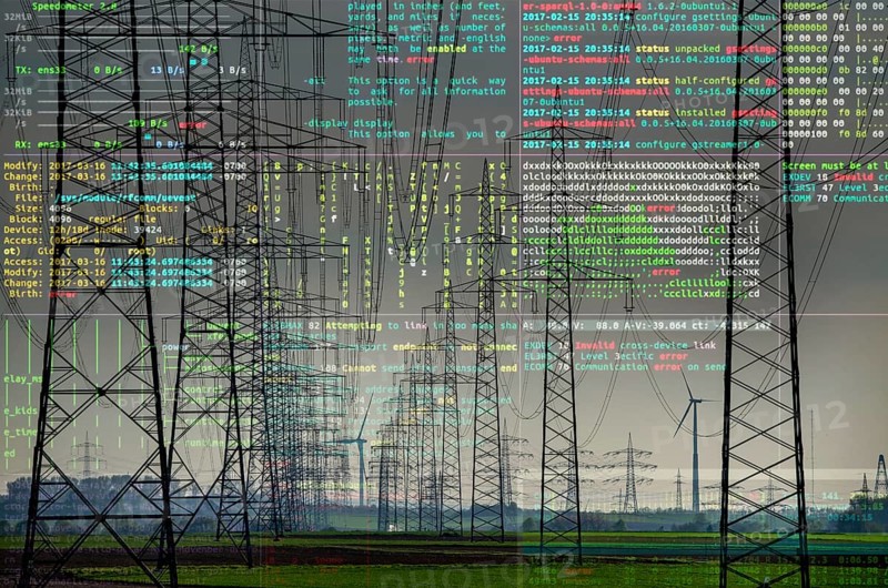 Symbolic image Critical infrastructure, blackout risk, cyberterrorism, extra-high voltage lines, 380 KV, power line, the electricity comes from the Rhenish lignite mining area, from the Neurath power plant, near Grevenbroich, Germany, Europe