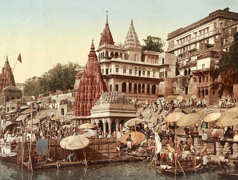 Benares, Varanasi. Palace of Maharaja of Indore, India, digitally restored reproduction from a 19th century original, record date not stated, Varanasi. Palace of Maharaja of Indore, India, digitally restored reproduction from a 19th century original, record date not stated, Asia