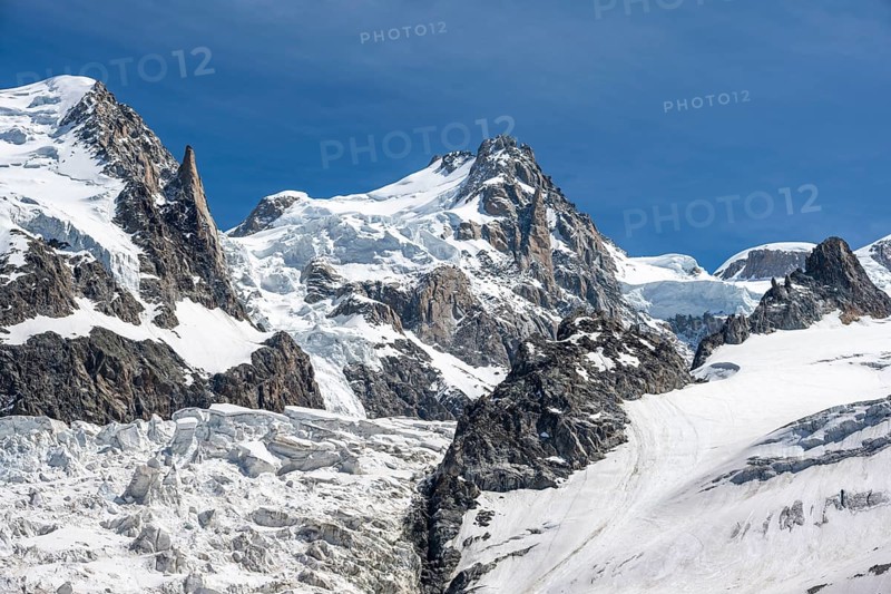 La Jonction, glacier tongue, Glacier des Bossons meets Glacier de Taconnaz, summit of Mont Maudit and Mont Blanc, Chamonix, Haute-Savoie, France, Europe