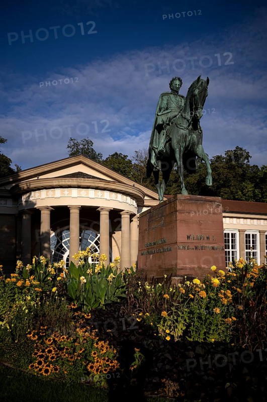 Equestrian statue of King Wilhelm I in front of Großer Kursaal, Königsplatz, Bad Cannstatt, Stuttgart, Baden-Württemberg, Germany, Europe