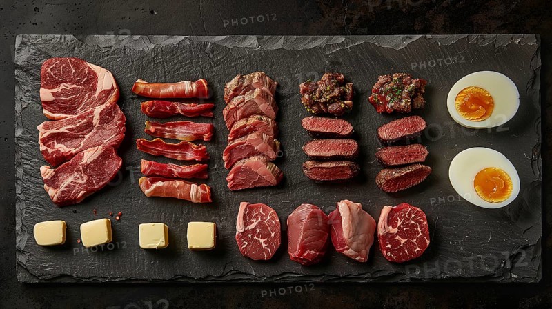 All meat, fish and eggs platter overhead. generative AI, AI generated