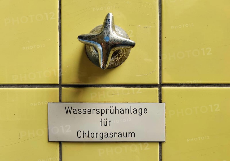 Writing Water spray system for chlorine gas room via water tap, former waterworks, Witten, Ruhr area, North Rhine-Westphalia, Germany, Europe