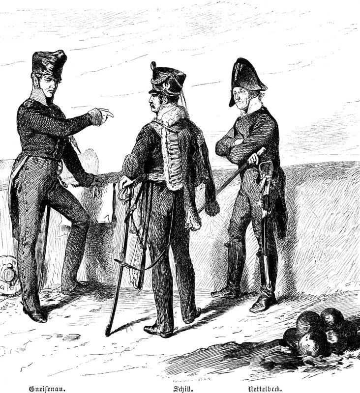 Siege of the fortress Kolberg by French troops 1807, Fourth Coalition War, Commander Major Gneisenau, Dragoon Lieutenant Ferdinand von Schill, Patriot of the citizenry Nettelbeck, defence, soldiers, uniform, portrait, cannonball, military, Prussia, historical illustration 1882