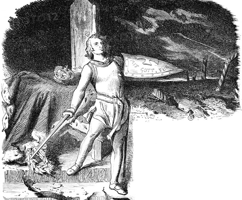 Heroic depiction of Frederick William III as a young warrior Prussia, sword, shield, royal crown, coat, dark background, lightning in the sky, Hohenzollern, military, Prussia, historical illustration 1882