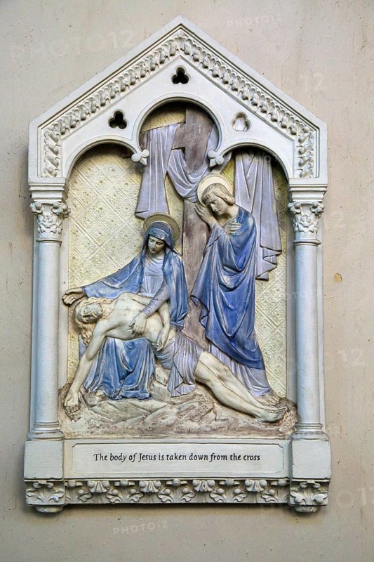 The body of Jesus is taken down from the cross, stations of the cross, Ufford church, Suffolk, England, UK
