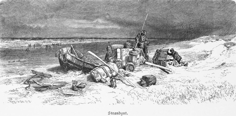 Flotsam and jetsam on the North Sea coast, North Frisia, Schleswig-Holstein, dunes, crates, packages, men, shipwreck, barrels, Germany, historical illustration 1880, Europe