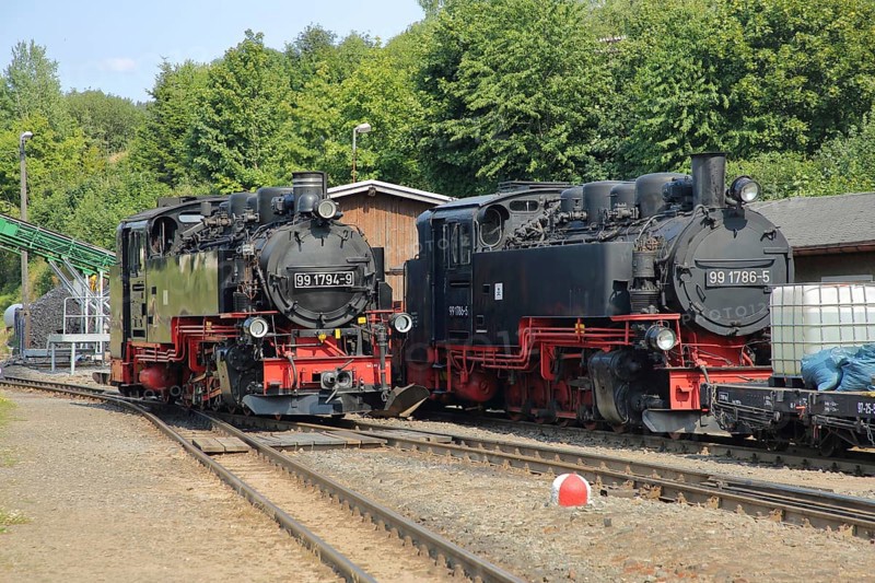 Two steam locomotives of the Fichtelberg railway, steam locomotive, railway station, Cranzahl, Sehmatal, Erzgebirge, Saxony, Germany, Europe