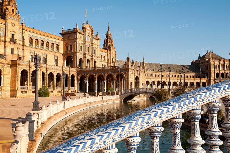 The Plaza de España, Seville, Spain built in 1928 for the Ibero-American Exposition of 1929. It is a landmark example of the Renaissance Revival style in Spanish architecture