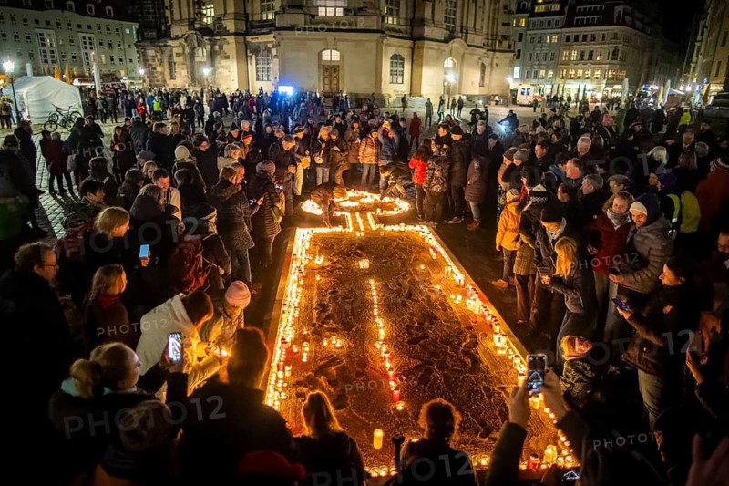 On 13 and 14 February 1945, Dresden was heavily destroyed in three Allied bombing raids. Every year, the people of Dresden commemorate this event at various events. A giant candle, into which citizens could place small candles, commemorates the event in front of the rebuilt Church of Our Lady, Dresden, Saxony, Germany, Europe