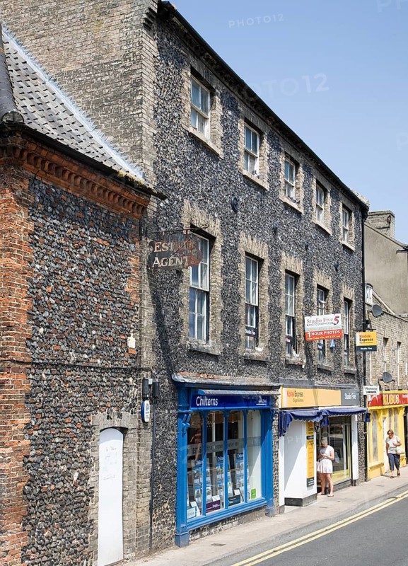 Old historic flint faced buildings on Bridge Street, Thetford, Norfolk, England, United Kingdom, Europe