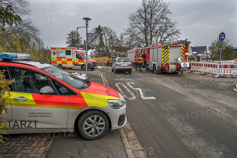 Emergency doctor and fire brigade response to a construction site accident, Bavaria, Germany, Europe