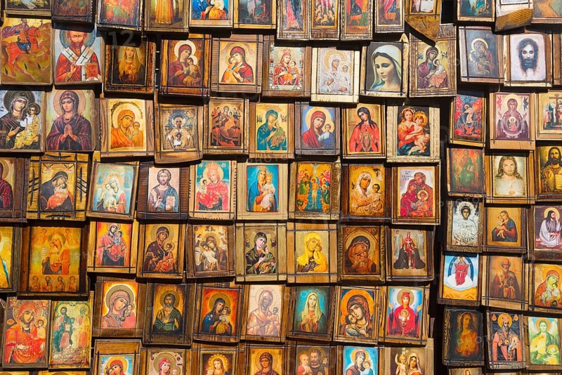 Wall full of colourful religious icons depicting various saints and religious scenes, Black Sea, Nesebar, Nessebar, Burgas, Bulgaria, Europe