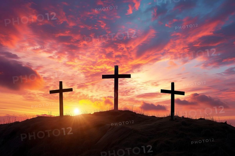 Easter concept three crosses on Golgotha Calvary hill against a dramatic sunset, AI generated