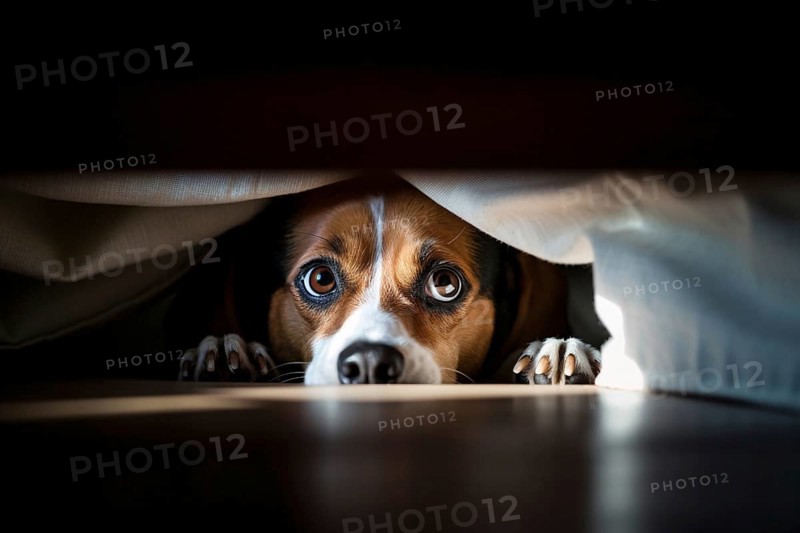 Scared dog hiding under bed. KI generiert, generiert AI generated