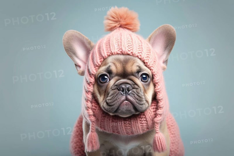 Cute French Bulldog dog with pink knitted hat and scarf in fron tof blue background. KI generiert, generiert AI generated