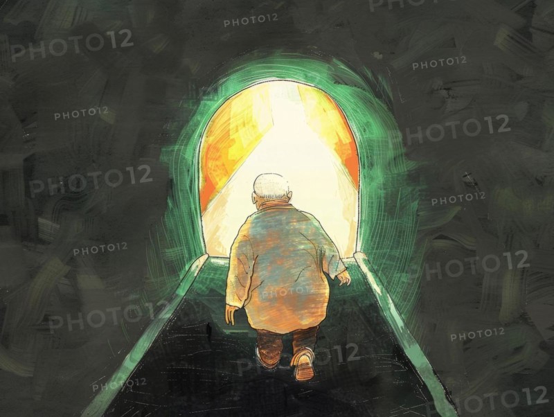 A caricature, illustration of an elderly couple sitting on clouds, serene afterlife, wishful thinking of what happens during dying and after death, AI generated, AI generated, AI generated