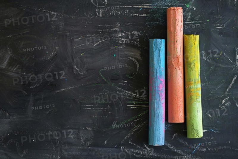 Top view of colorful chalk pieces on black chalkboard. KI generiert, generiert, AI generated