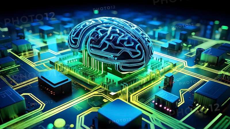 Human brain intricately interlinked with the circuits of a computer board symbolizing artificial intelligence, AI generated