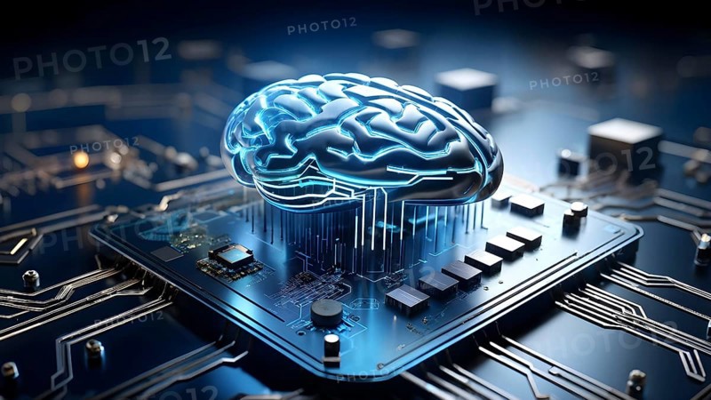 Human brain intricately interlinked with the circuits of a computer board symbolizing artificial intelligence, AI generated