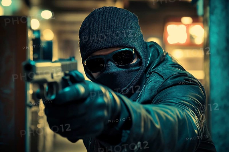 Bank robber with ski mask, sunglasses and gun. Generative Ai, AI generated